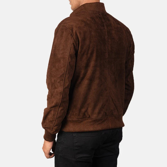 Person wearing a brown jacket on a white background