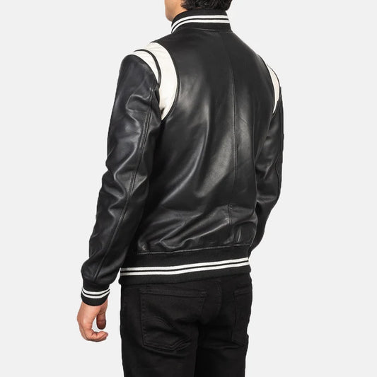 Black leather jacket with white stripes on a plain background