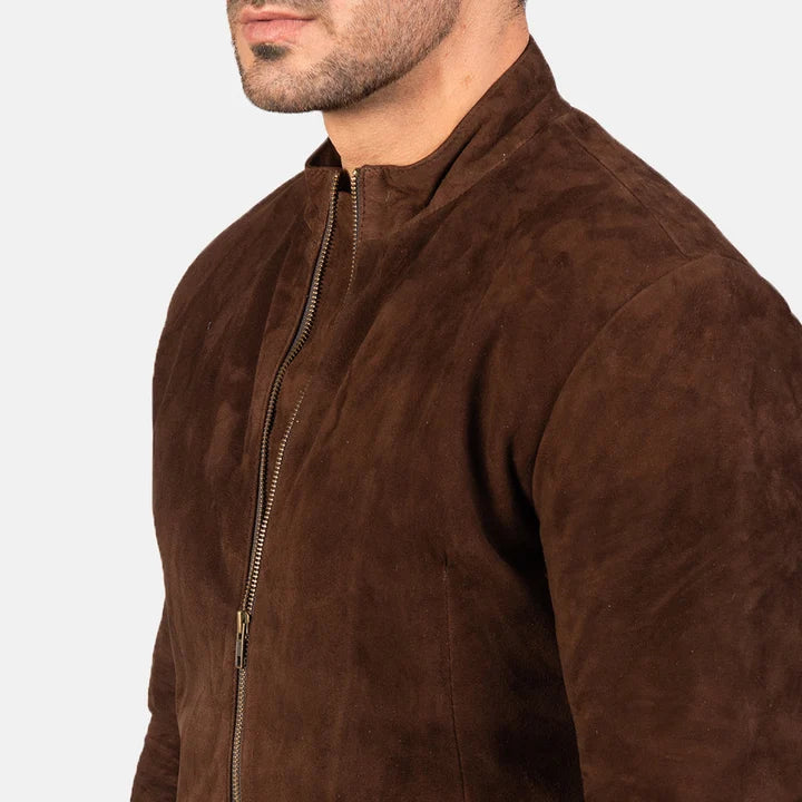 Brown suede jacket worn by a person on a white background