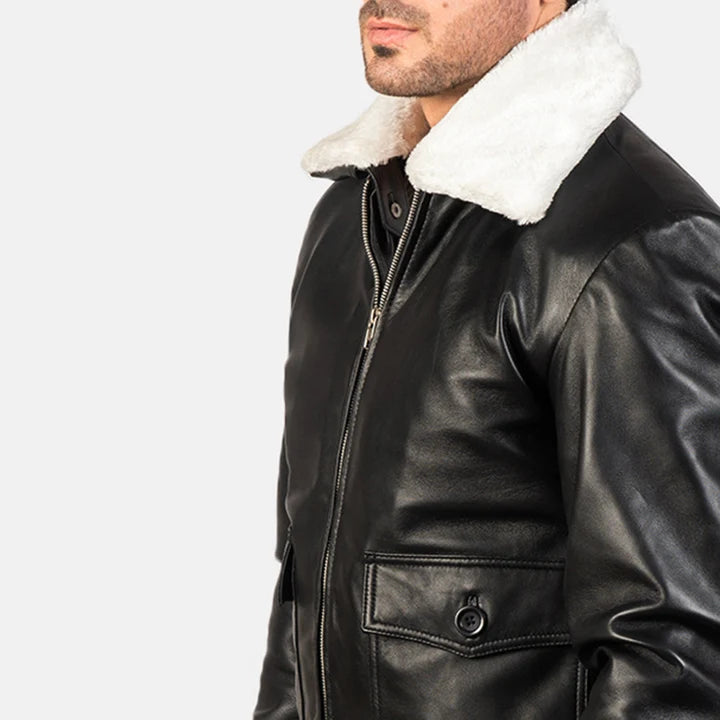 Black leather jacket with white fur lining on a white background