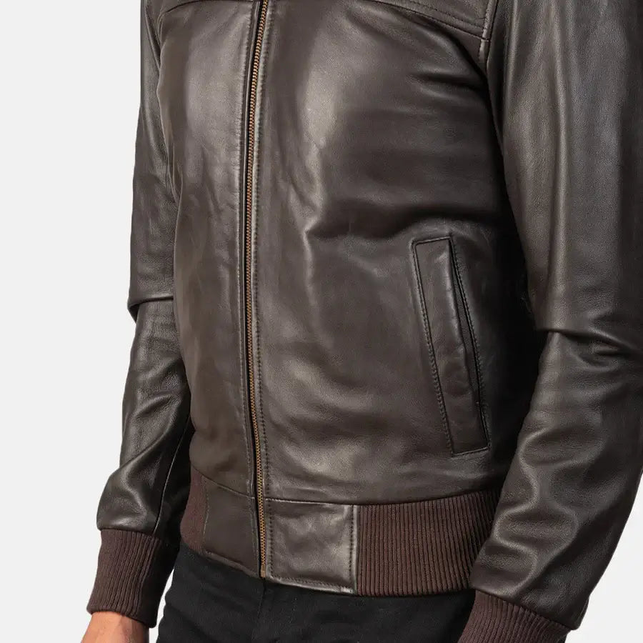 Men Brown Leather Bomber Jacket