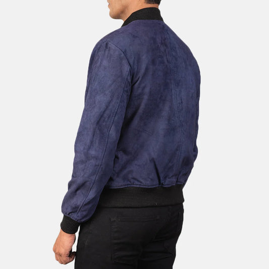 Slate Blue Men Suede Bomber Jacket