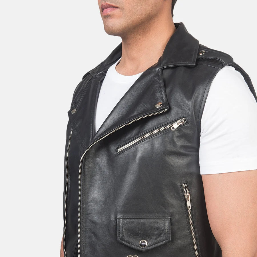 Men Black Leather Biker Vest