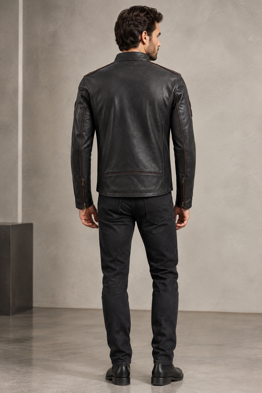 Cortano Brown Cafe Racer Leather Jacket for Men