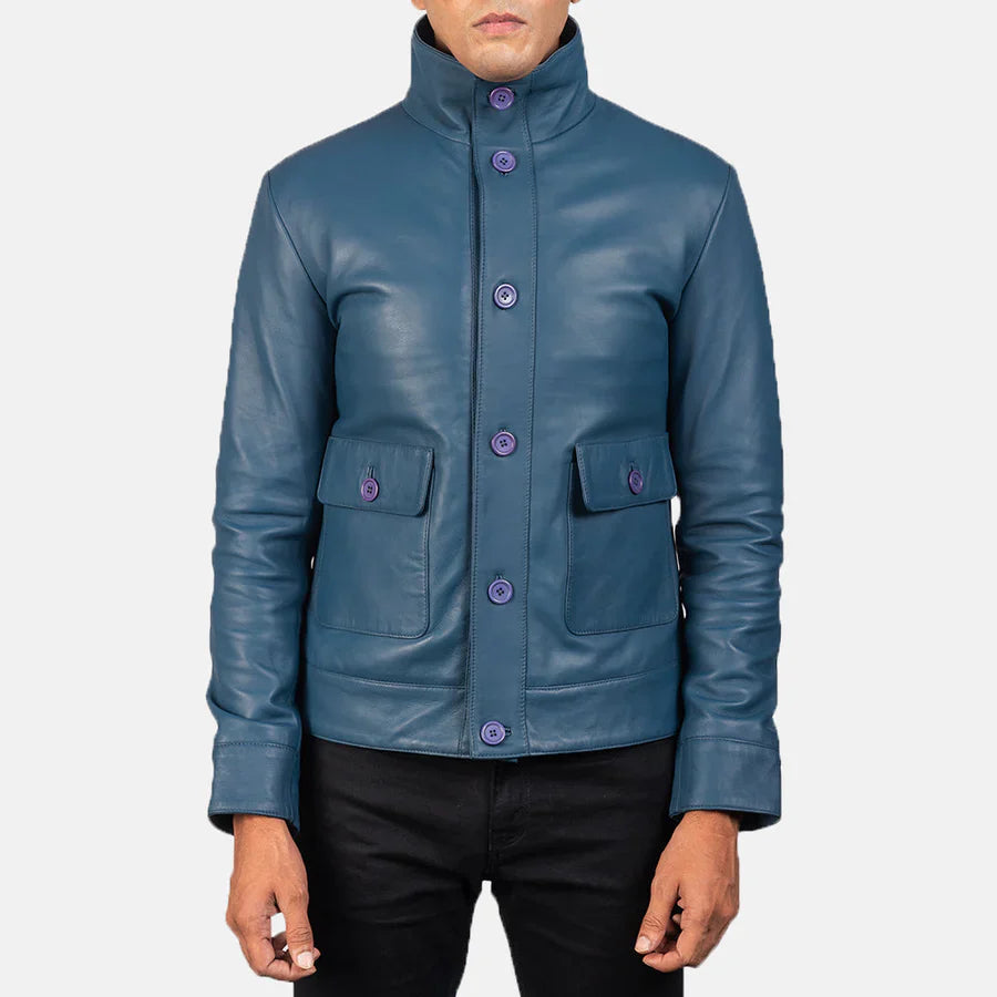 men blue leather jacket