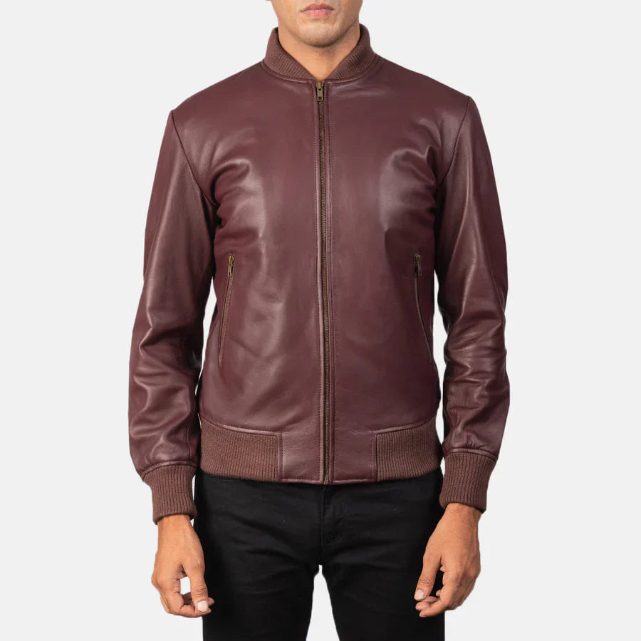 men maroon leather jacket