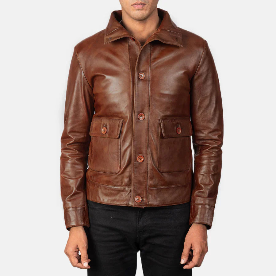 men brown leather jacket