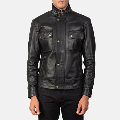 Black leather jacket with gold buttons on a white background