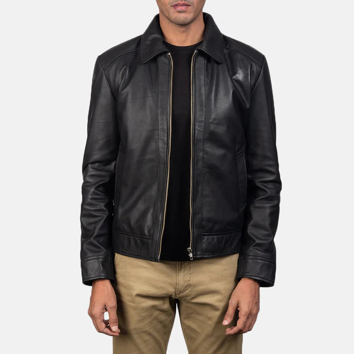 Man wearing a black leather jacket on a white background