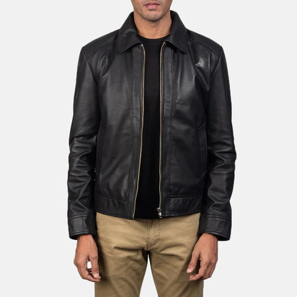 Man wearing a black leather jacket on a white background
