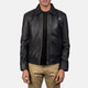 Man wearing a black leather jacket on a white background