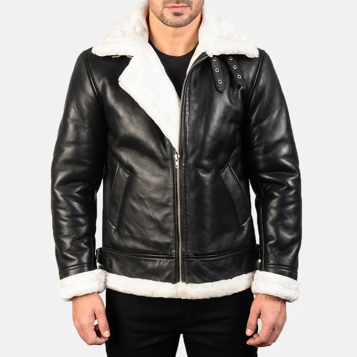 Francis Men Black & White Leather Bomber Jacket