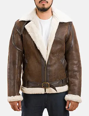 Brown leather jacket with white fur lining worn by a person on a white background