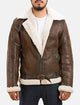 Brown leather jacket with white fur lining worn by a person on a white background