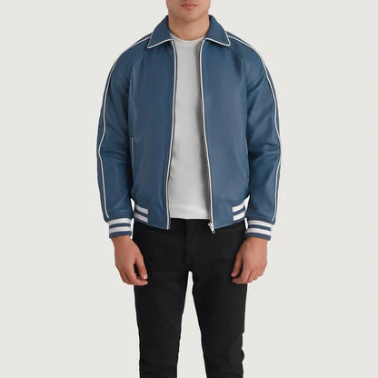 Person wearing a blue jacket with white stripes on a light gray background