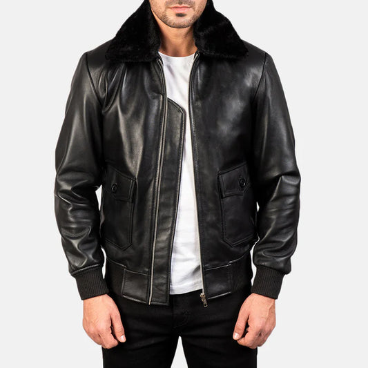 Man wearing a black leather jacket with fur collar on a white background