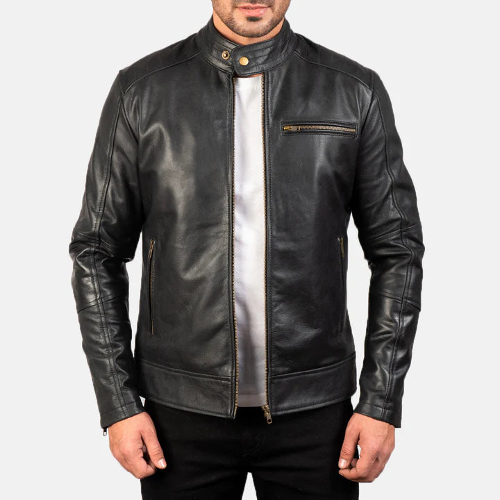 Black leather jacket worn by a person on a white background