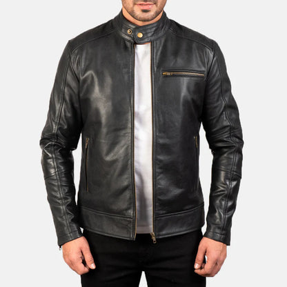 Black leather jacket worn by a person on a white background