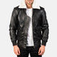 Black leather jacket with white fur lining worn by a person on a white background