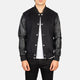 Black bomber jacket with leather sleeves worn by a person on a white background