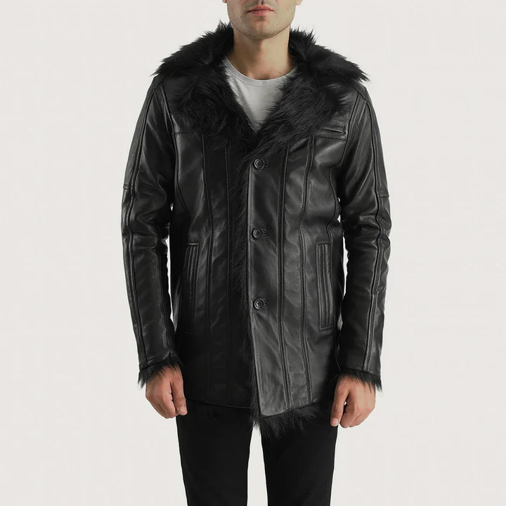 Black leather jacket with fur collar on a white background