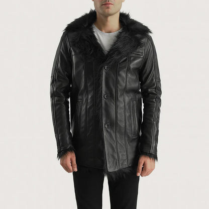 Black leather jacket with fur collar on a white background