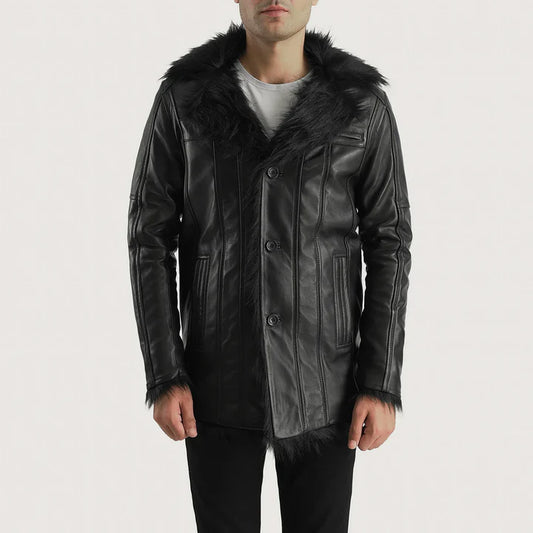 Black leather jacket with fur collar on a white background