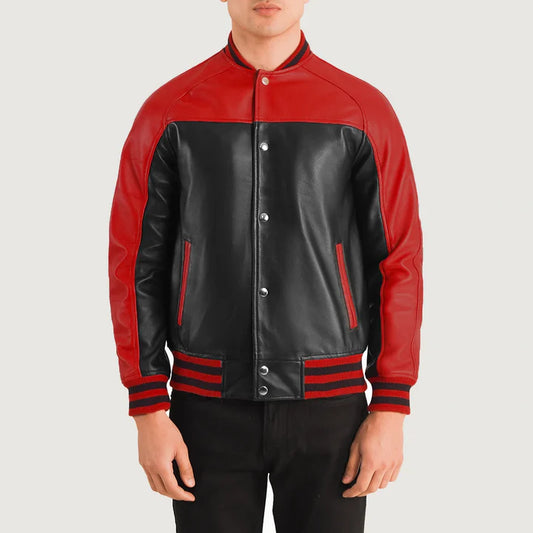 Red and black leather jacket worn by a person on a light gray background
