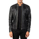 Black leather jacket worn by a person on a white background