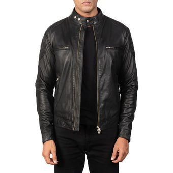 Black leather jacket worn by a person on a white background