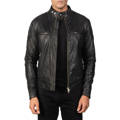 Black leather jacket worn by a person on a white background