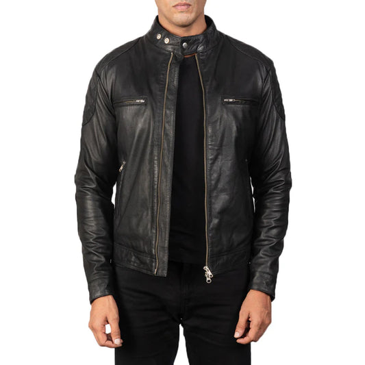 Black leather jacket worn by a person on a white background