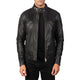 Black leather jacket worn by a person on a white background