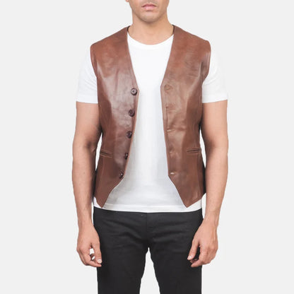 men brown leather vest