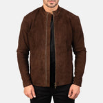Brown suede jacket worn by a person on a white background