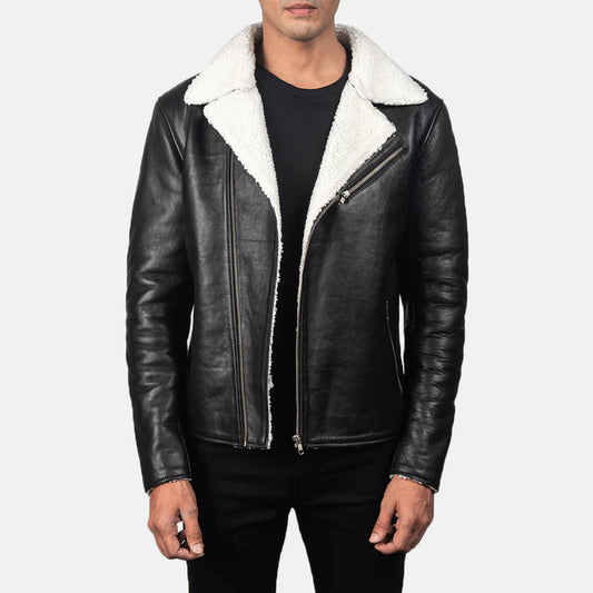 Black leather jacket with white fur lining worn by a person on a white background