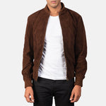 Brown suede jacket worn by a person on a white background