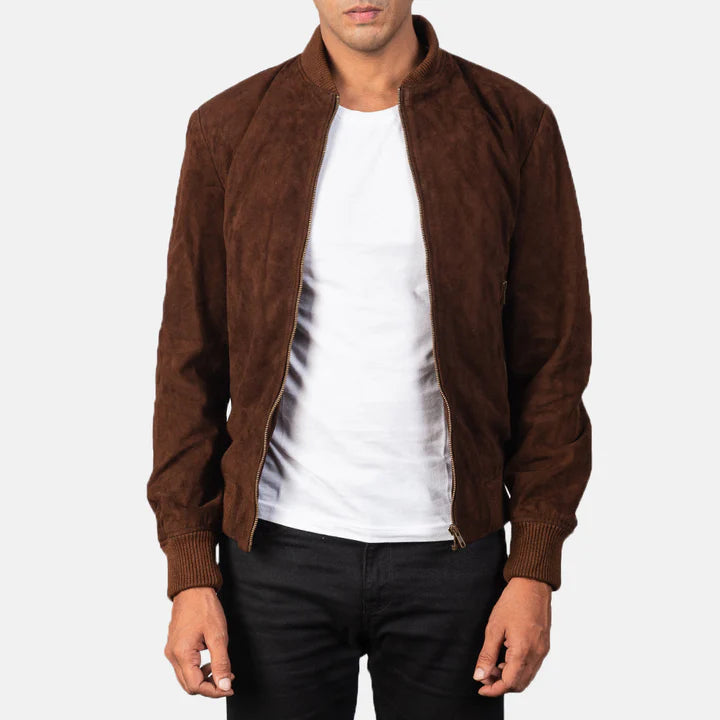Brown suede jacket worn by a person on a white background