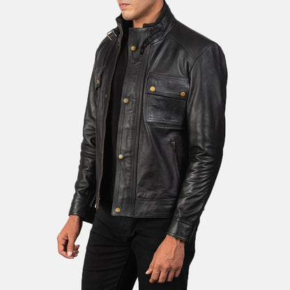 Black leather jacket worn by a person on a white background