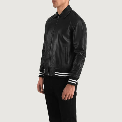 Person wearing a black leather jacket with white stripes on a light gray background