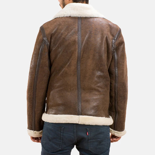 Brown leather jacket with white fur lining on a plain background