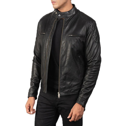 Black leather jacket worn by a person on a white background