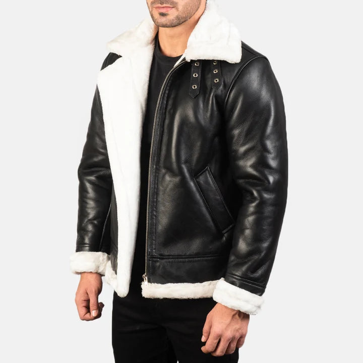 Francis Men Black & White Leather Bomber Jacket