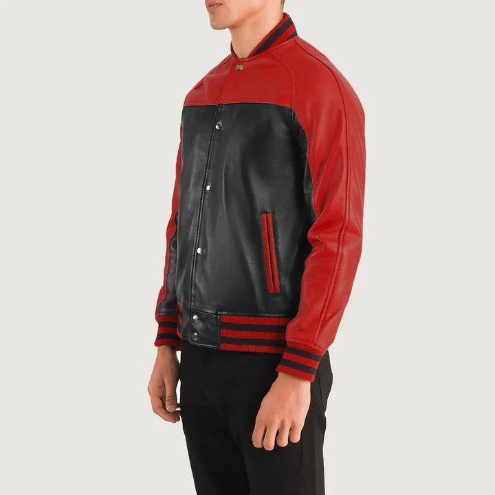 Red and black leather jacket worn by a person on a light gray background