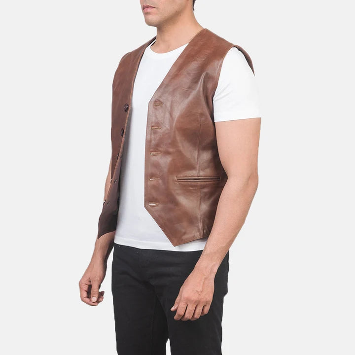 men brown leather vest