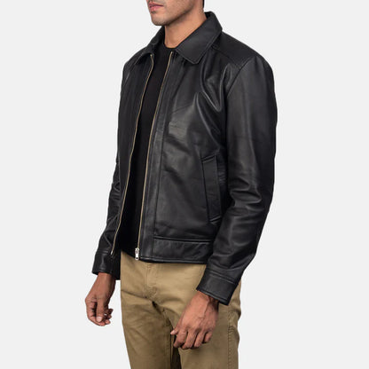 Man wearing a black leather jacket on a white background