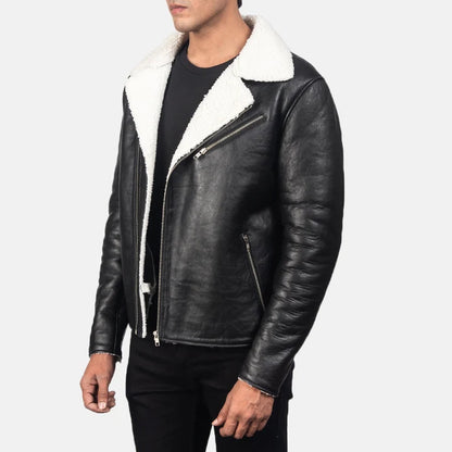 Black leather jacket with white fur lining on a white background