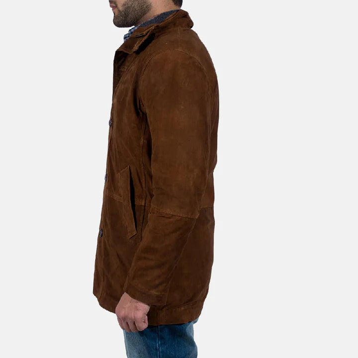 Brown suede jacket worn by a person on a white background