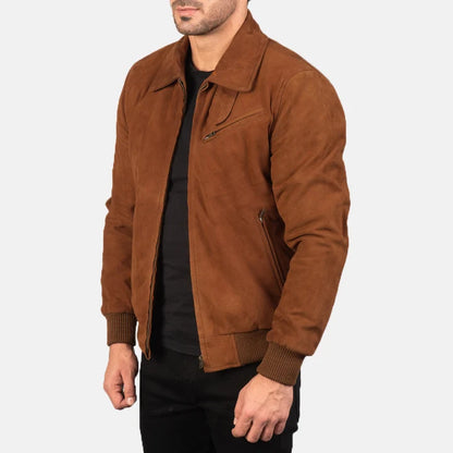 Brown suede jacket worn by a person on a white background