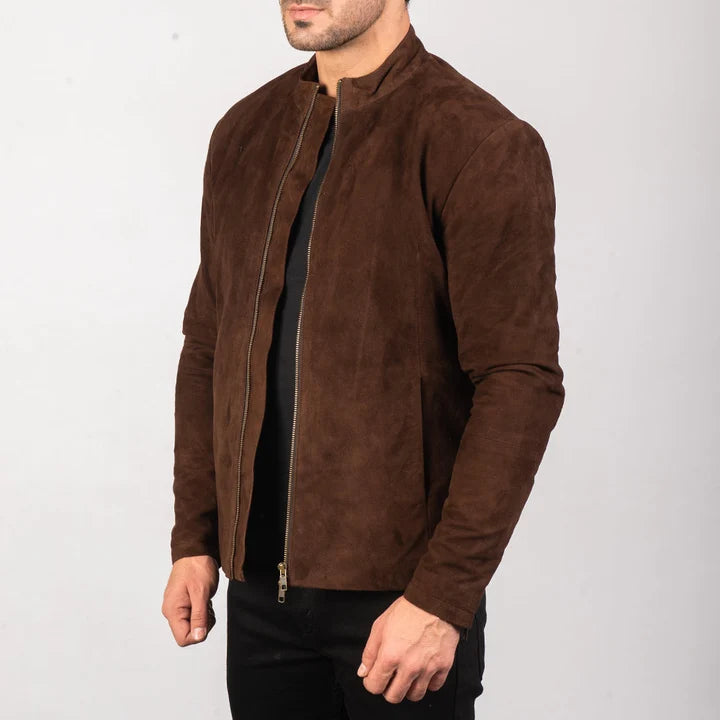 Brown suede jacket worn by a person on a white background